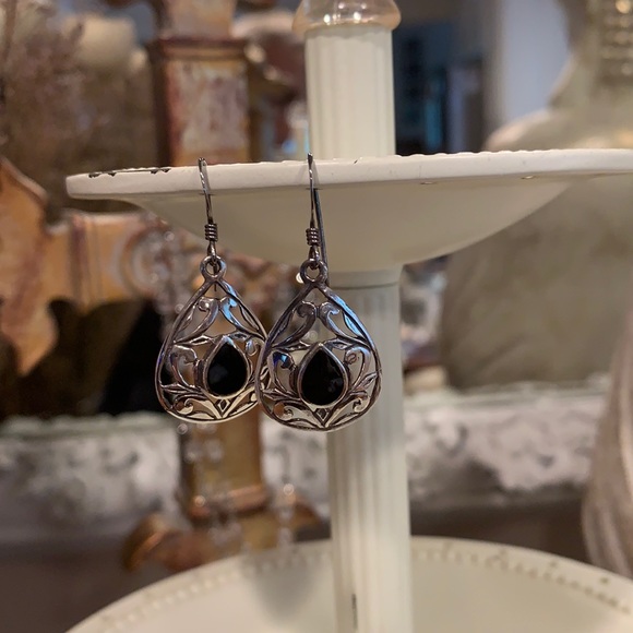 Filigree Teardrop Sterling Silver Onyx Earrings - Picture 2 of 6